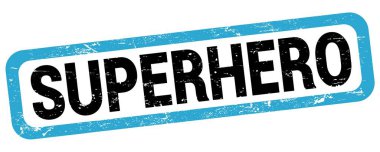 SUPERHERO text written on blue-black rectangle stamp sign.