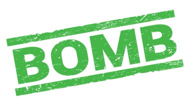BOMB text written on green rectangle stamp sign.