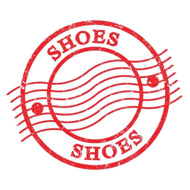 SHOES, text written on red grungy postal stamp.