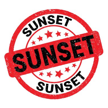 SUNSET text written on red-black grungy stamp sign.