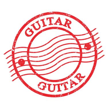 GUITAR, text written on red grungy postal stamp.