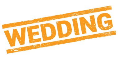 WEDDING text written on orange rectangle stamp sign.