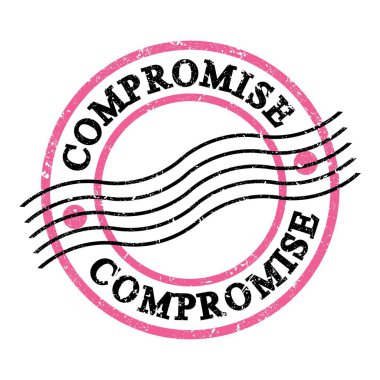 COMPROMISE, text written on pink-black grungy postal stamp.