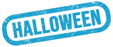HALLOWEEN, text on blue rectangle stamp sign.
