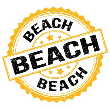 BEACH text written on yellow-black round stamp sign