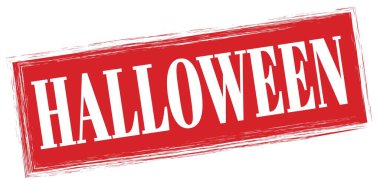 Kırmızı dikdörtgen damga işareti üzerine yazılmış Cadılar Bayramı metni.