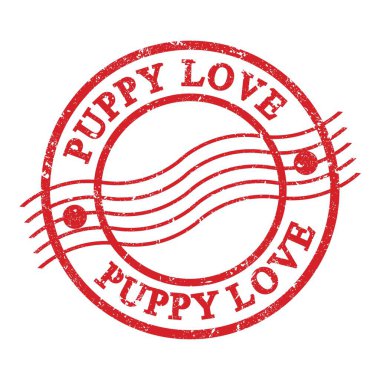 PUPPY Love, kırmızı grungy posta pulu üzerine yazılmış metin.