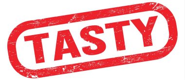 TASTY, kırmızı dikdörtgen damga işareti üzerine yazılmış metin.