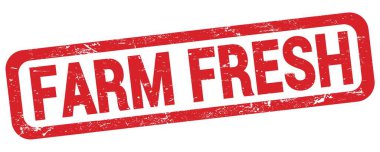 Kırmızı dikdörtgen mühür işareti üzerine yazılmış FARM FRESH metin.