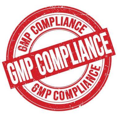 Kırmızı yuvarlak grungy işareti üzerine yazılmış GMP COMPLIANCE metni