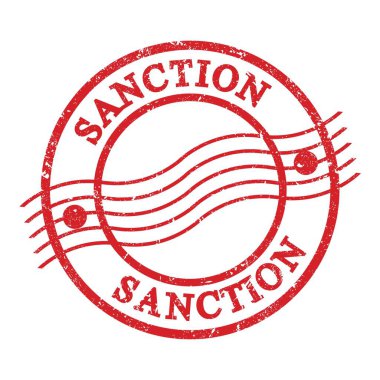 SANCTION, kırmızı grungy posta pulu üzerine yazılmış metin.