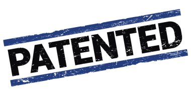 Siyah-mavi dikdörtgen mühür işareti üzerine yazılmış PATENTED metni.