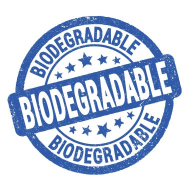 Mavi grungy mühür işareti üzerine yazılmış BIODEGRADable metin.