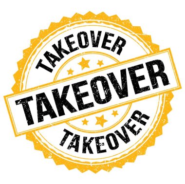 Sarı-siyah yuvarlak mühür işareti üzerine yazılmış TAKEover metni