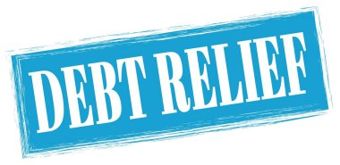 Mavi dikdörtgen mühür işareti üzerine yazılmış DEBT RELIEF metni.