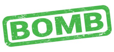 BOMB text written on green rectangle stamp sign.