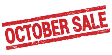 Kırmızı dikdörtgen damga işareti üzerine yazılmış OKTOBER satışı metni.