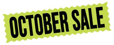 Yeşil-siyah zig-zag mühür işareti üzerine yazılmış OKTOBER satışı metni.