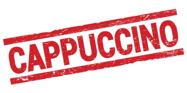Kırmızı dikdörtgen mühür işareti üzerine yazılmış CAPPUCCINO metni.