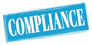 Mavi dikdörtgen damga işareti üzerine yazılmış COMPLIANCE metni.