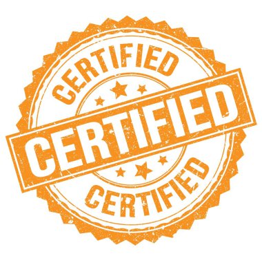 Turuncu yuvarlak damga işareti üzerine yazılmış CERTIED metin