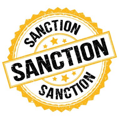 Sarı-siyah yuvarlak mühür işareti üzerine yazılmış SANCTION metni