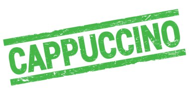 Yeşil dikdörtgen damga işareti üzerine yazılmış CAPPUCCINO metni.