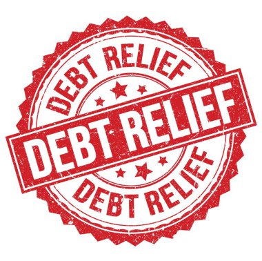 Kırmızı yuvarlak pul işareti üzerine yazılmış DEBT RELIEF metni