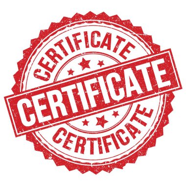 Kırmızı yuvarlak pul işareti üzerine yazılmış CERTIFICATE metin