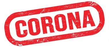CORONA, kırmızı dikdörtgen damga işareti üzerine yazılmış metin.