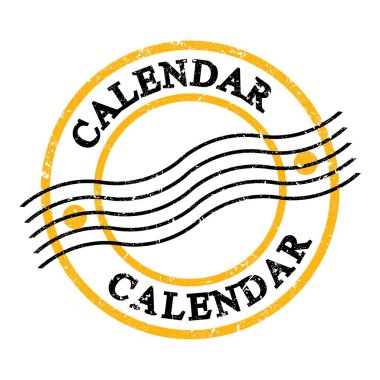 CALENDAR, sarı-siyah grungy posta pulu üzerine yazılmış metin.