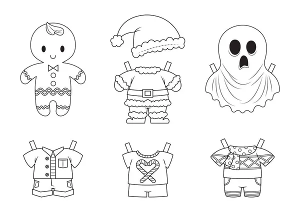 Zencefilli çörekler kağıt oyuncakları süslüyor. Giysileri ve süslü kostümü olan sevimli zencefilli kurabiye bebeği. Noel ve Cadılar Bayramı kağıt oyuncağı.