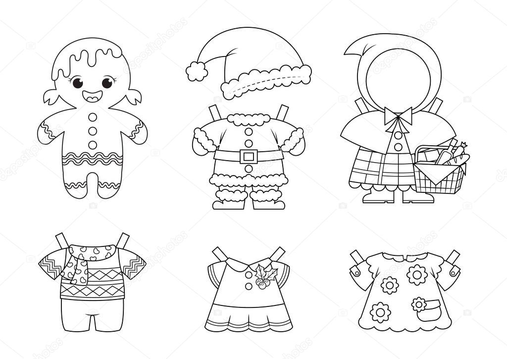 Gingerbread dress up paper toy. Cute gingerbread paper doll with clothes and fancy costume. Christmas and halloween paper toy.