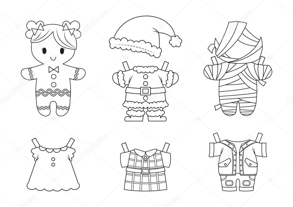 Gingerbread dress up paper toy. Cute gingerbread paper doll with clothes and fancy costume. Christmas and halloween paper toy.
