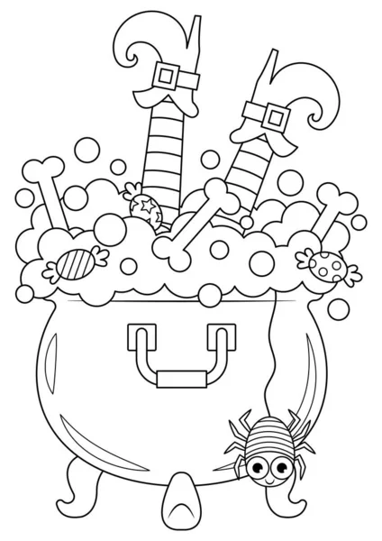 Cadı bacakları ve ayakkabıları beyaz arka planda izole edilmiş cadı demliği kabı çizimi. Cadı kazanı vektör karikatüründeki cadı bacakları. Cadılar Bayramı vektörü çizgi film renklendirme sayfası.
