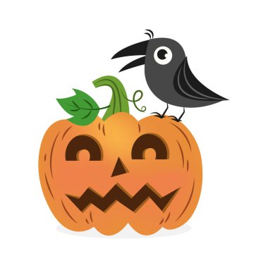 Beyaz arkaplanda izole edilmiş Cadılar Bayramı Kabağı Çizgi Filmi 'ndeki bir karga. Şirin cadılar bayramı vektör karikatürü.