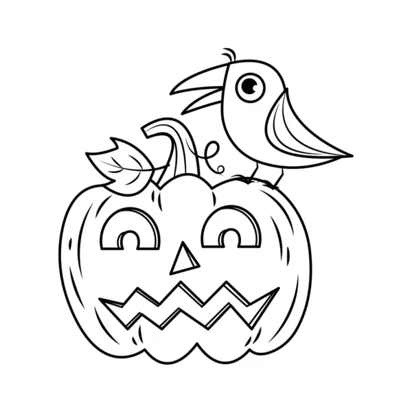 Egy Varjú Halloween Sütőtök Vektor Illusztráció Rajzfilm Elszigetelt Fehér Háttér — Stock Vector