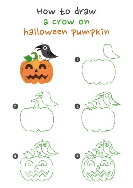 Jak Nakreslit Vránu Halloween Dýňový Vektor Ilustrace Kreslit Vránu Halloween — Stockový vektor