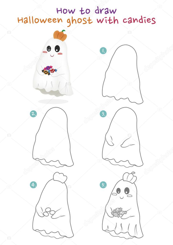 How to draw halloween ghost with candies vector illustration. Draw a halloween ghost with candies step by step. Halloween ghost drawing guide. Cute and easy drawing guidebook.