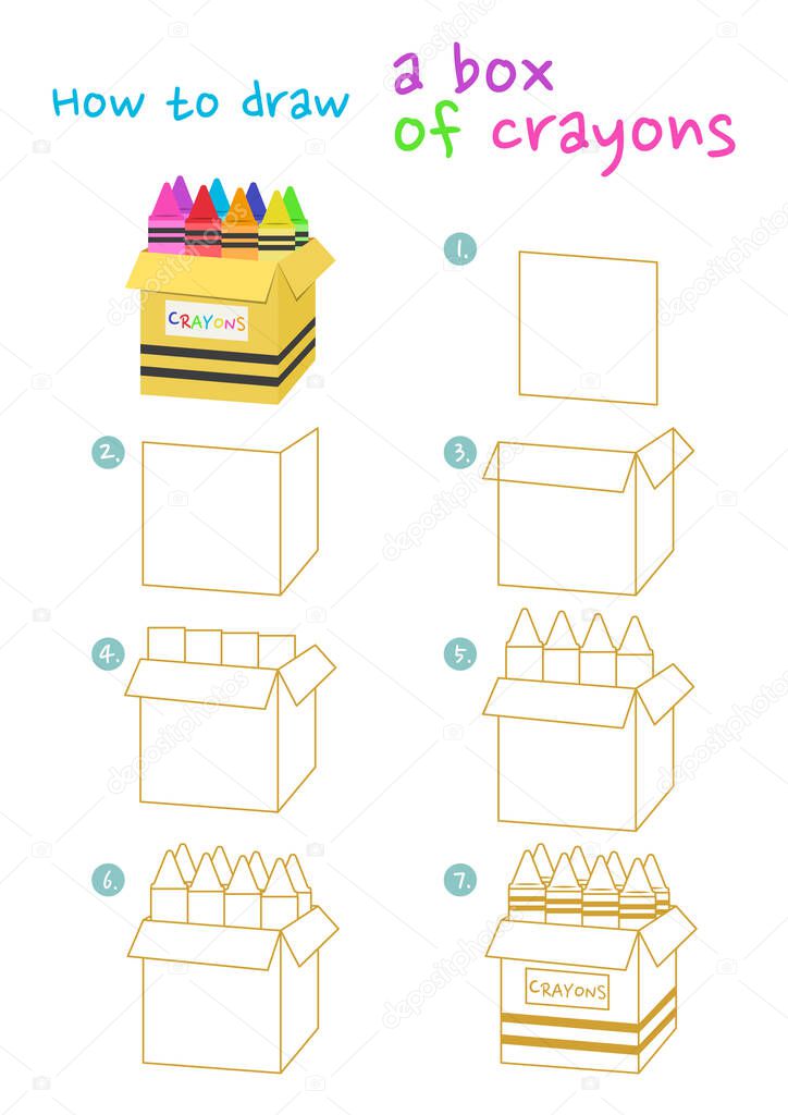 How to draw a box of crayons vector illustration. Draw a box of crayons step by step. Box of crayons drawing guide. Cute and easy drawing guidebook.