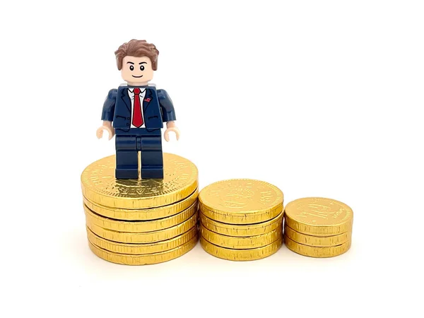 Successful Businessman Stranding Golden Coins Rich Businessman Minifigure — Stock Photo, Image