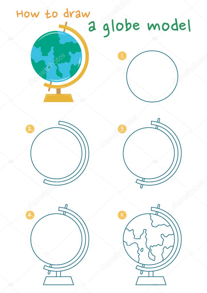 How to draw a globe model vector illustration. Draw a globe model with stand step by step. School object drawing guide. Cute and easy drawing guidebook.