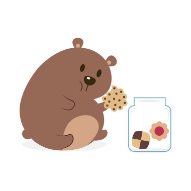 Beyaz arka planda izole edilmiş sevimli ve komik şişman ayı vektör çizimi. Kurabiye kavanozu vektör çizgi filmiyle kurabiye yiyen bir ayı..