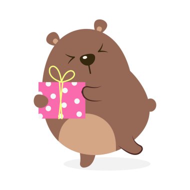 Beyaz arka planda izole edilmiş sevimli ve komik şişman ayı vektör çizimi. Hediye kutusu vektör karikatüründen mutlu bir ayı..