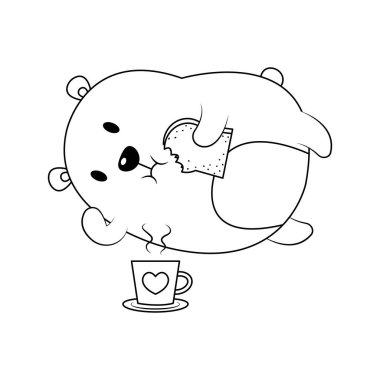 Beyaz arka planda izole edilmiş sevimli ve komik şişman ayı vektör çizimi. Ekmek ve kahve vektörü karikatürü yiyen bir ayı..