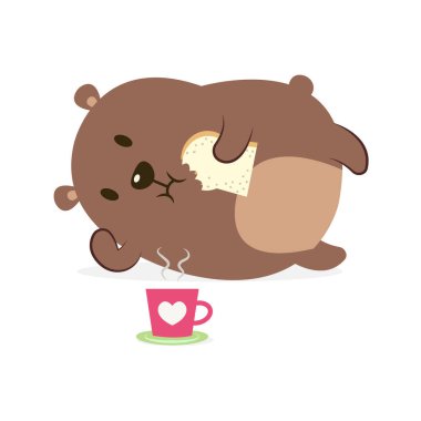 Beyaz arka planda izole edilmiş sevimli ve komik şişman ayı vektör çizimi. Ekmek ve kahve vektörü karikatürü yiyen bir ayı..