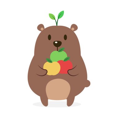 Beyaz arka planda izole edilmiş sevimli ve komik şişman ayı vektör çizimi. Elma vektör karikatürü tutan şişman bir ayı..