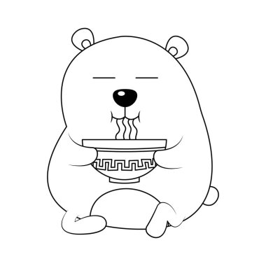 Beyaz arka planda izole edilmiş sevimli ve komik şişman ayı vektör çizimi. Şişman bir ayı hazır erişte vektör karikatürü yiyor..