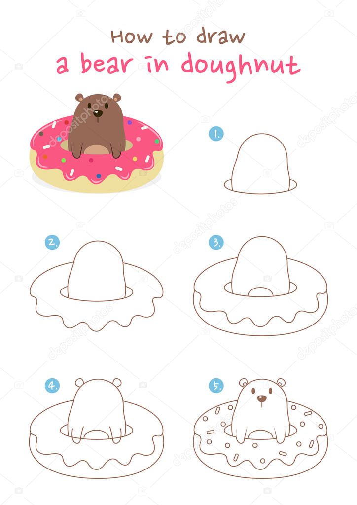 How to draw a bear in doughnut vector illustration. Draw bear in doughnut step by step. Cute and easy drawing guide.