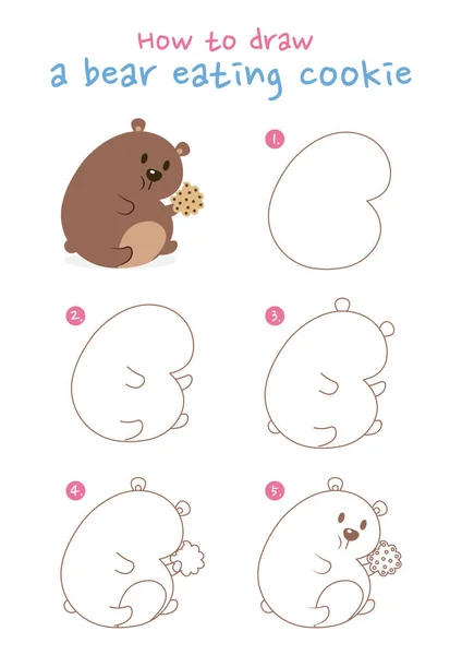 如何画一个熊吃曲奇饼矢量的图解 一步步画熊食饼干 简洁易懂的绘图指南 — 图库矢量图片